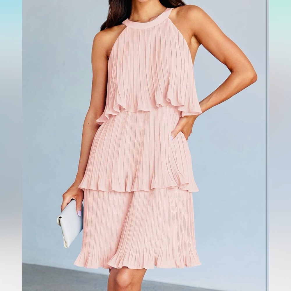 Halter Sleeveless Ruffle Tiered Layered Chiffon Pleated A Line Swing Mini Dress